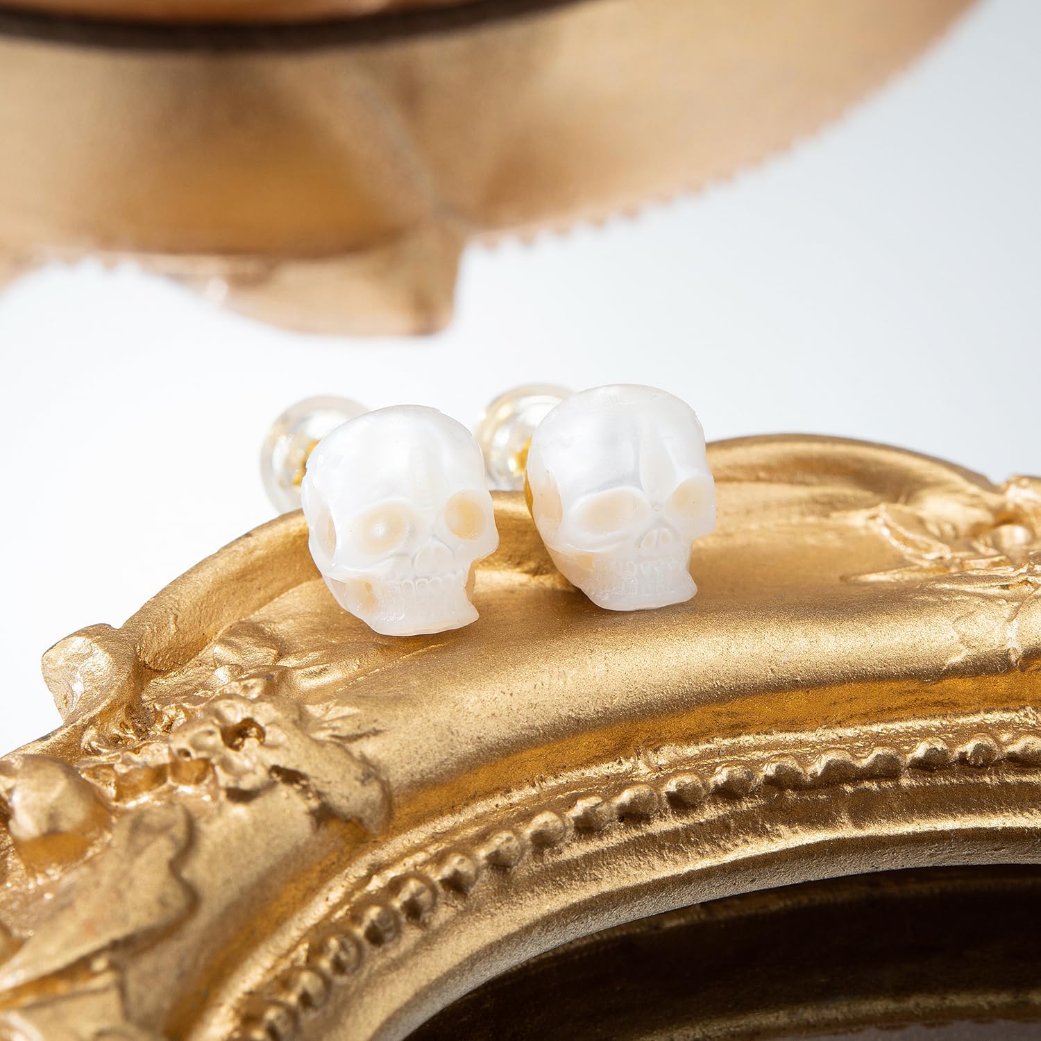 Handcarved Pearl Skull Earrings, Sterling Silver Skull Earrings, Halloween Earrings (Stud) - Image 4