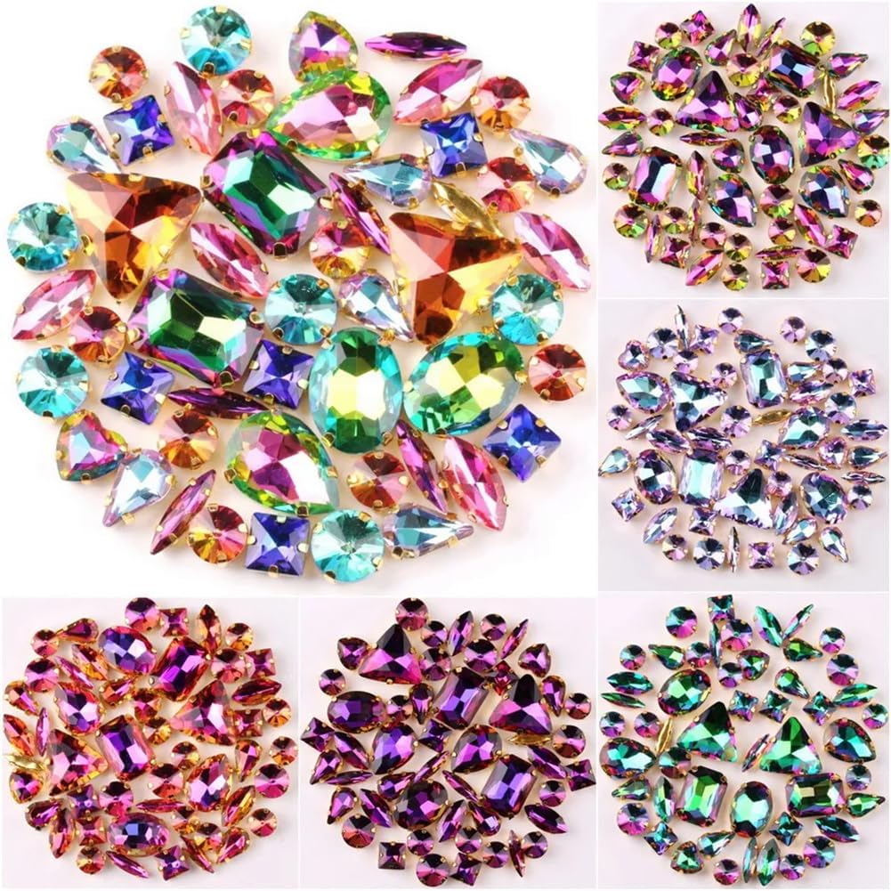 Glass Rhinestones, Sew on Rhinestone Glass Crystals, On Rhinestones Gold Claw Setting Pack of 50 LT Peach AB Color Crystal 11 Shapes Mix(Jelly AB Mix)