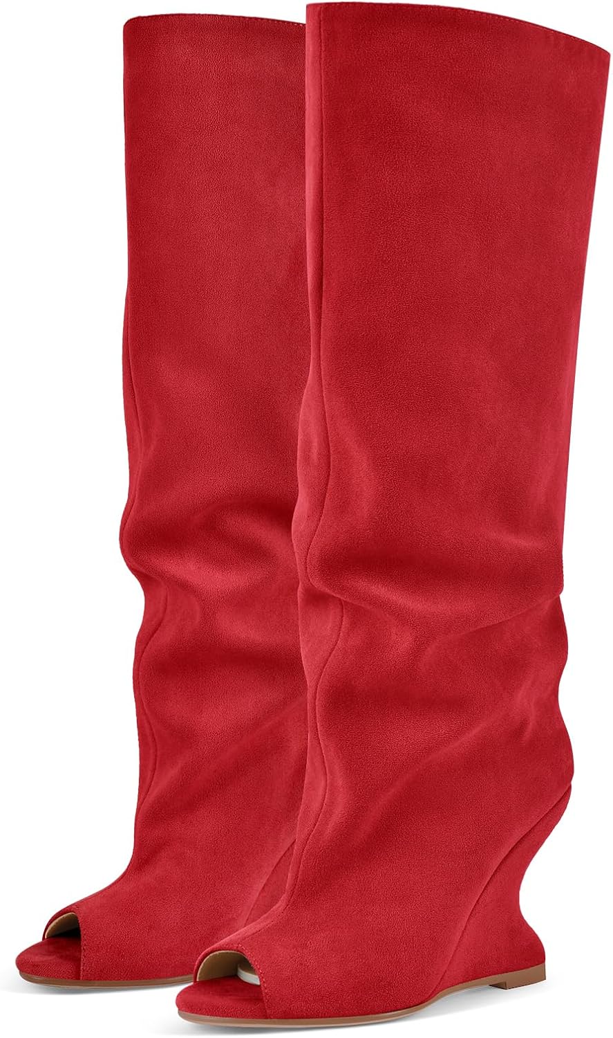 Women's Wedge Knee High Sandal Boots Peep Toe Slouchy Pull On High Heels