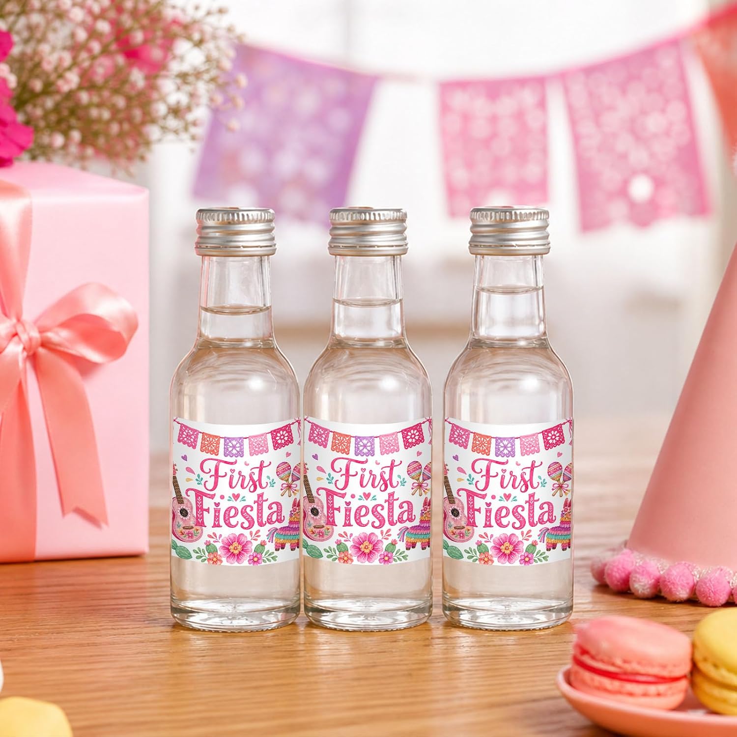First Fiesta Birthday Decorations 50PCS Pink Mexican First Birthday Mini Wine & Champagne Bottle Labels Stickers for Mexican Cinco De Mayo Bday Party Favors Mini Liquor Bottles Glass Stickers