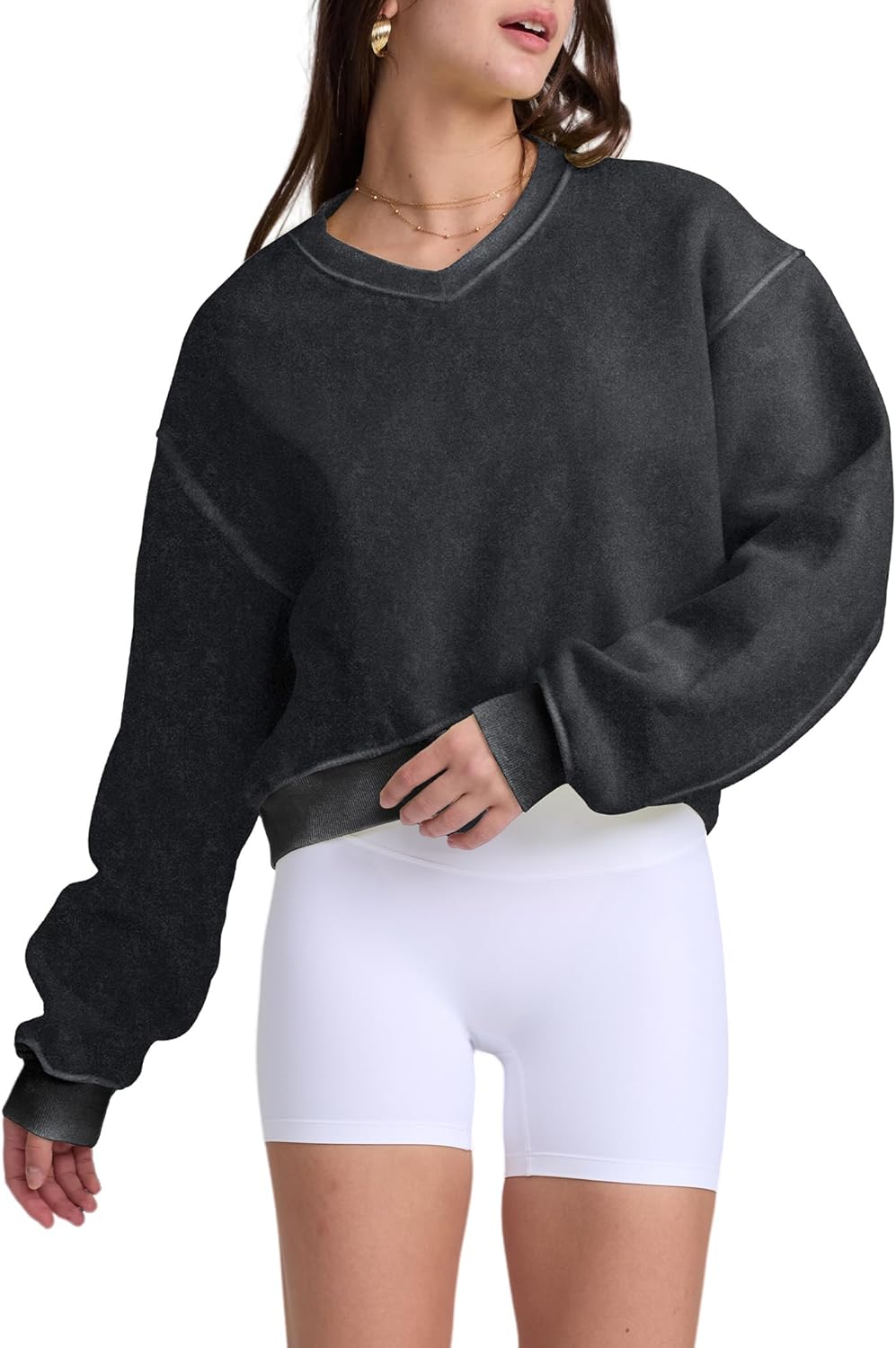 Hatant Sweatshirt for Women Acid Wash Athletic Hoodie Heritage Fleece V-neck Long Sleeve Hoodie Fleece Women Sweatshirt - Image 2