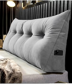 LUXUCURE Headboard Back Rest Pillow,Triangular Large Reading Backrest Pillow with Side Pocket,Back Wedge Pillow for Bed Bay Window Tatami Sofa,Removable Washable Cover-Dark Gray,80x50x20cm