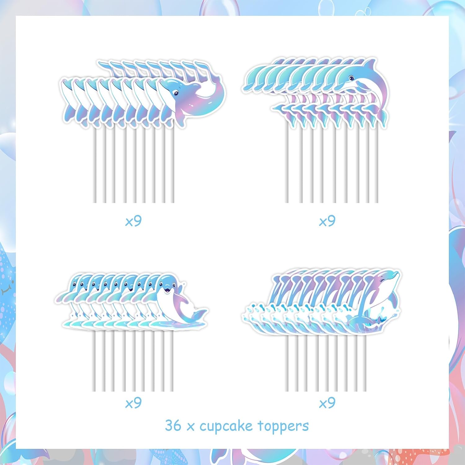 36 Pcs Dolphin Theme Cupcake Toppers Pink Blue Purple - Under The Sea Birthday Cake Decorations for Boys Girls, Double Sided Dolphin Ocean Animal Theme Party Supplies