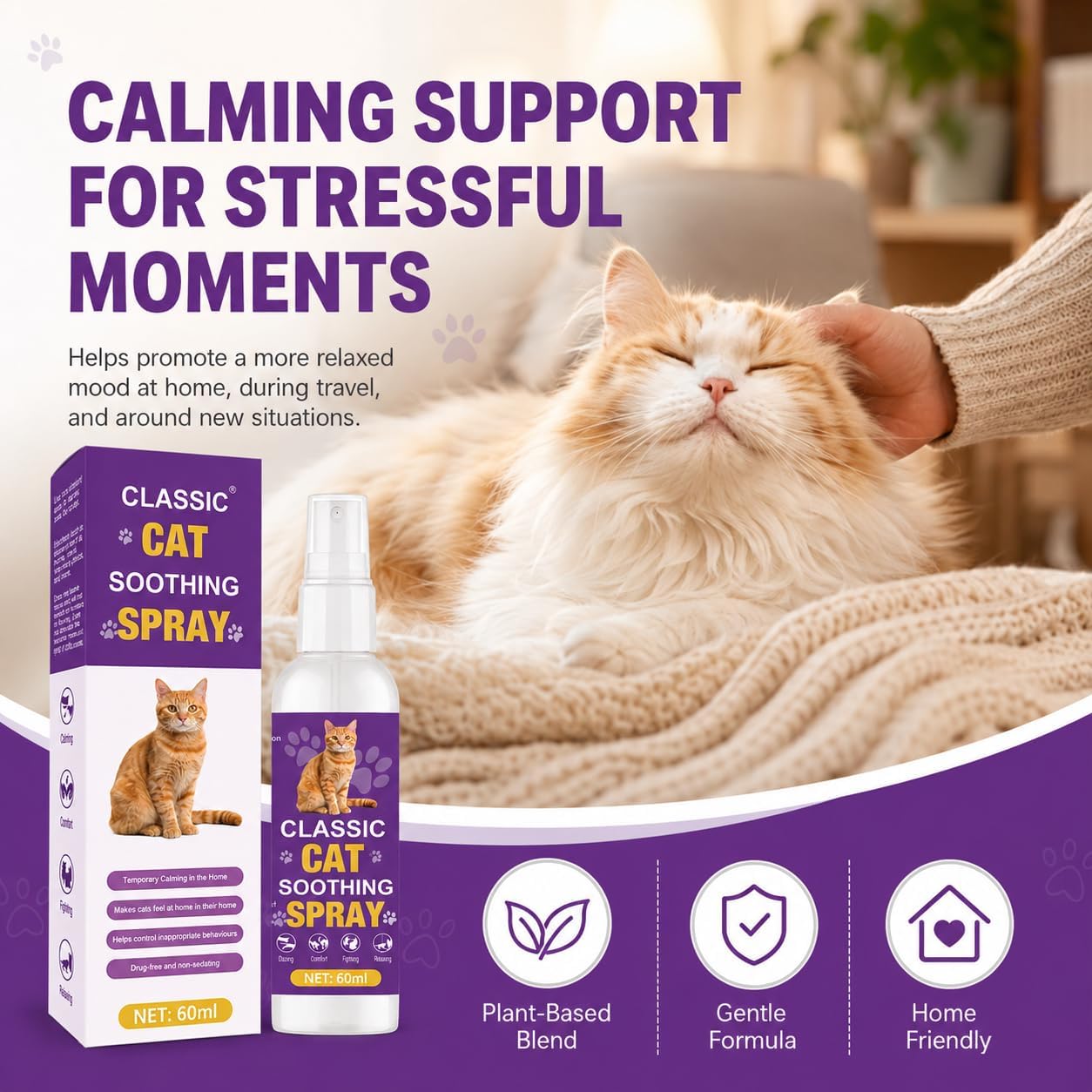 Cat Calming Spray, 60ml Cat Comfort & Soothing Spray for Home and Travel, Surface Spray for Cat Carriers, Bedding, Cat Trees & Rooms, for Kittens & Adult Cats