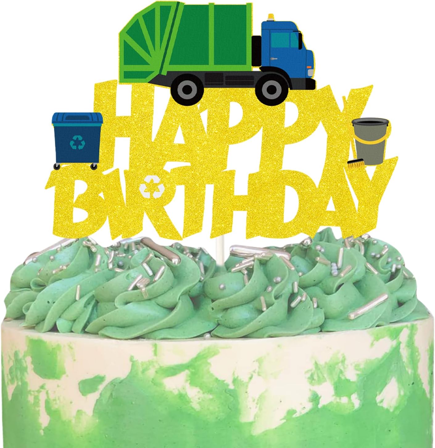 Garbage Truck Cake Topper,Garbage Truck Happy Birthday Cake Decoration,Trash Truck Waste Management Recycling Party Supplies,1Pcs Gold Glitter, WHPCT