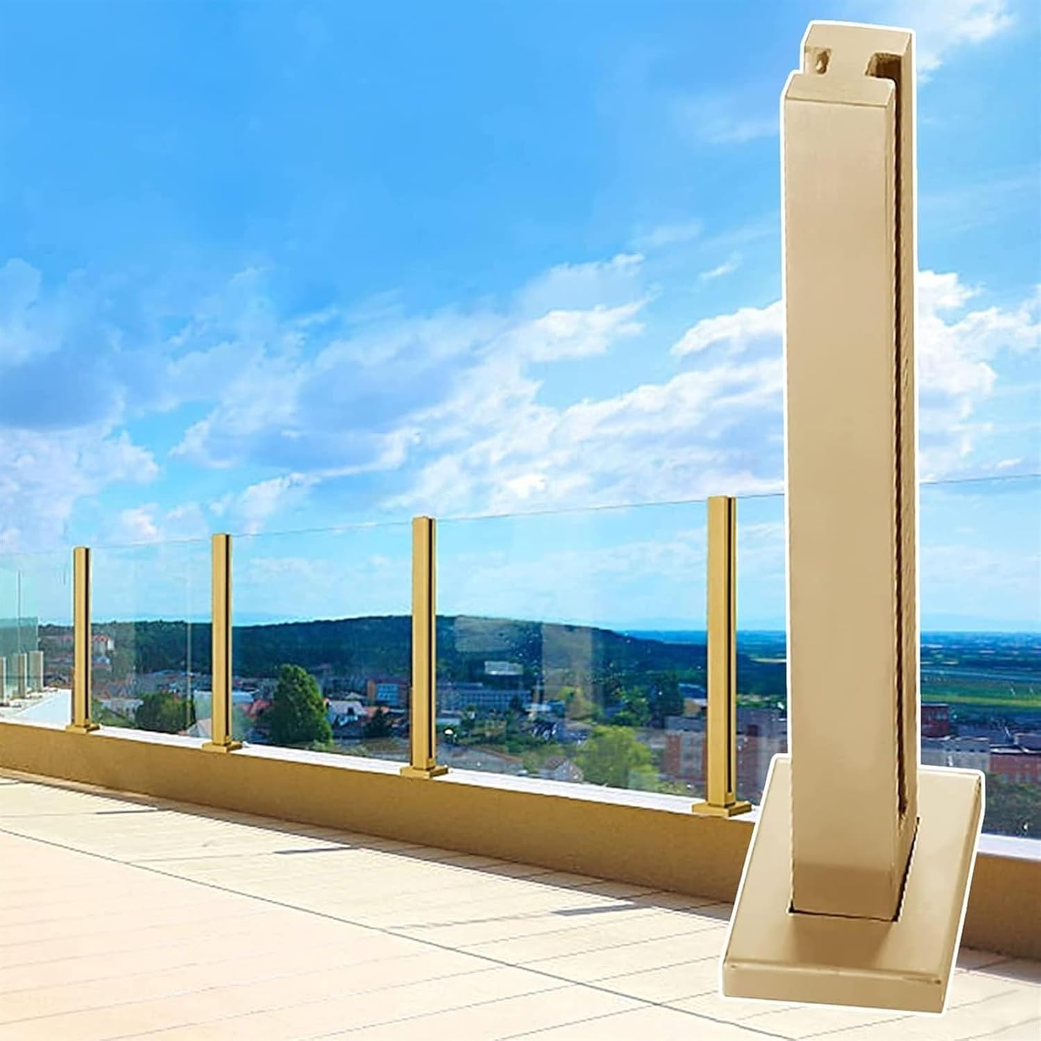 Glass Balustrade Deck Patio Glass Railing Post Gold, Metal Square Glass Balustrade System, Safe 1pcs(End Post,85cm/33.5")