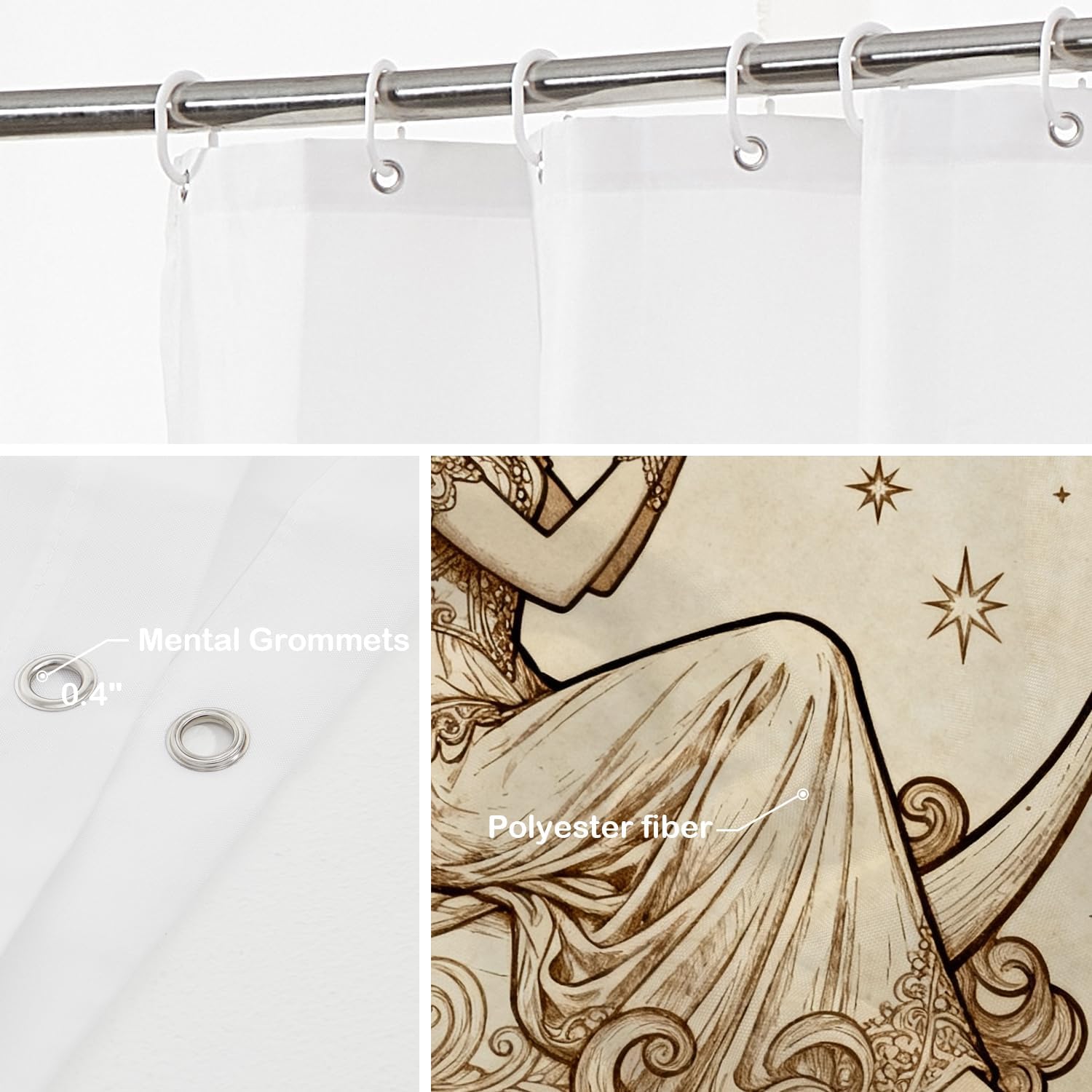Batmerry Art Nouveau Moon Decorative Shower Curtain, Wide Long Shower Curtain with Rust Proof Grommets for Bathroom Farmhouse Bathtub Waterproof Washable