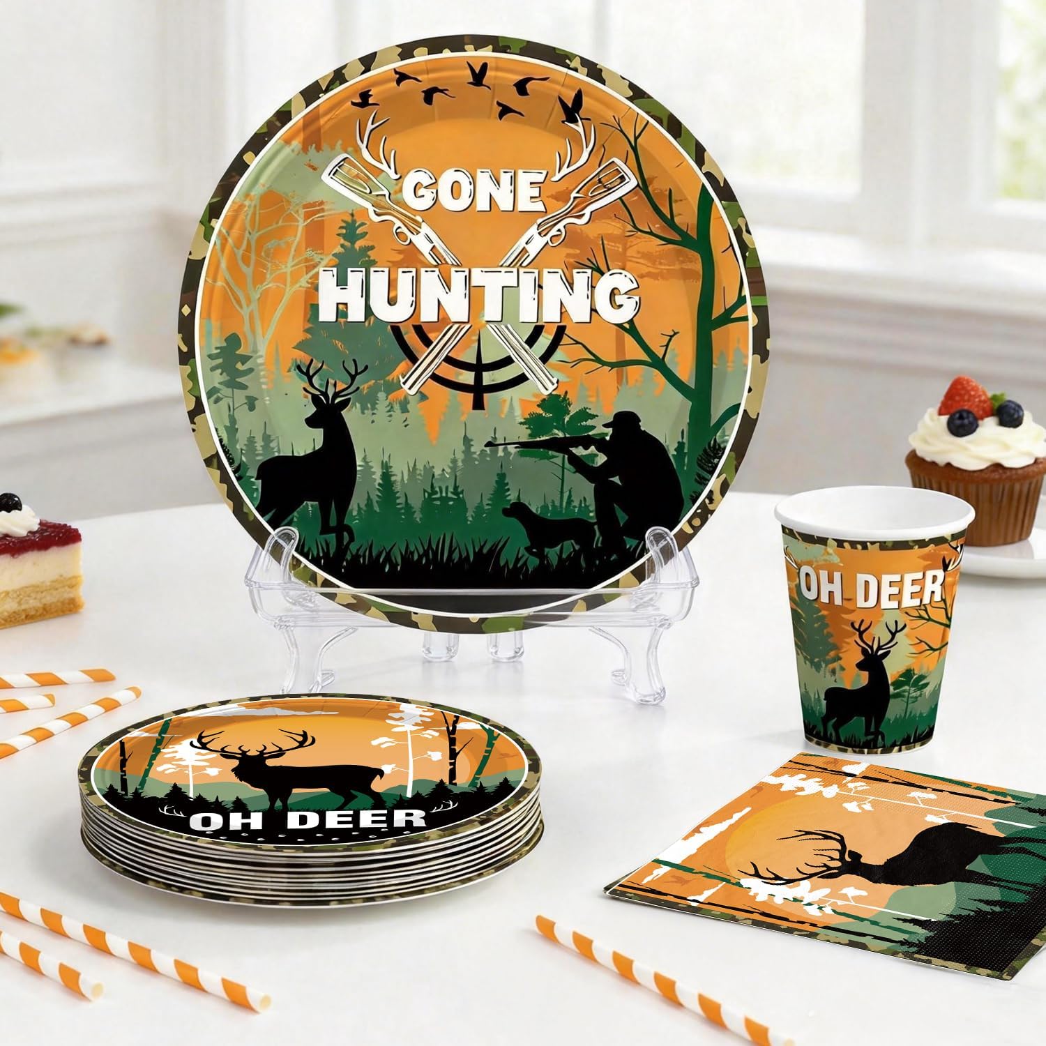 213 Pcs Hunting Birthday Party Decorations, Disposable Camo Hunting Party Tableware Serves 25, with Balloon, Banner, Cake Topper, Plates and Napkins, for Hunting Birthday Party