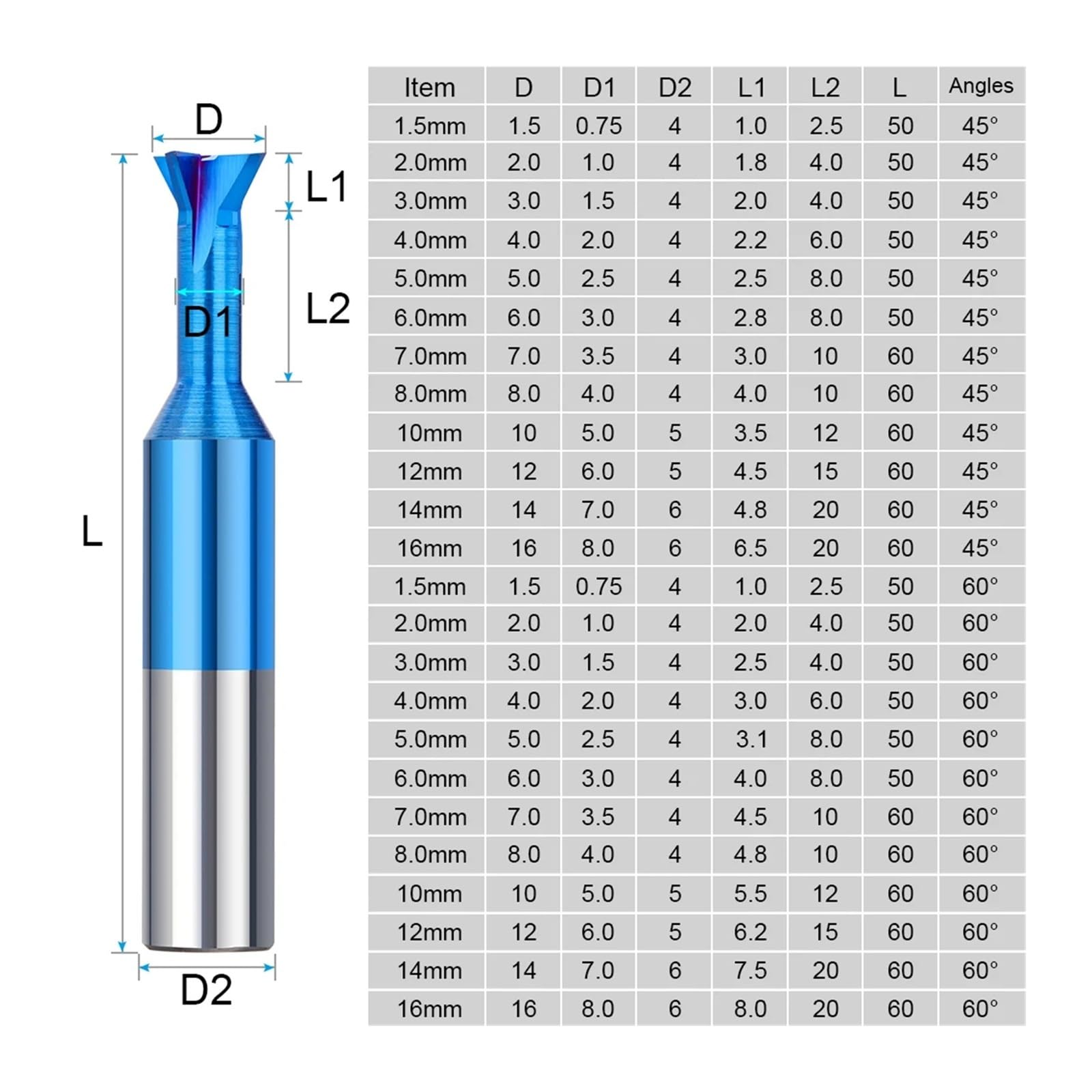 Frez trzpieniowy 45 60 stopni 1,5-16 mm z węglika spiekanego typu jaskółczy ogon narzędzie do obróbki rowków do metalu narzędzia routera CNC(7.0mm)