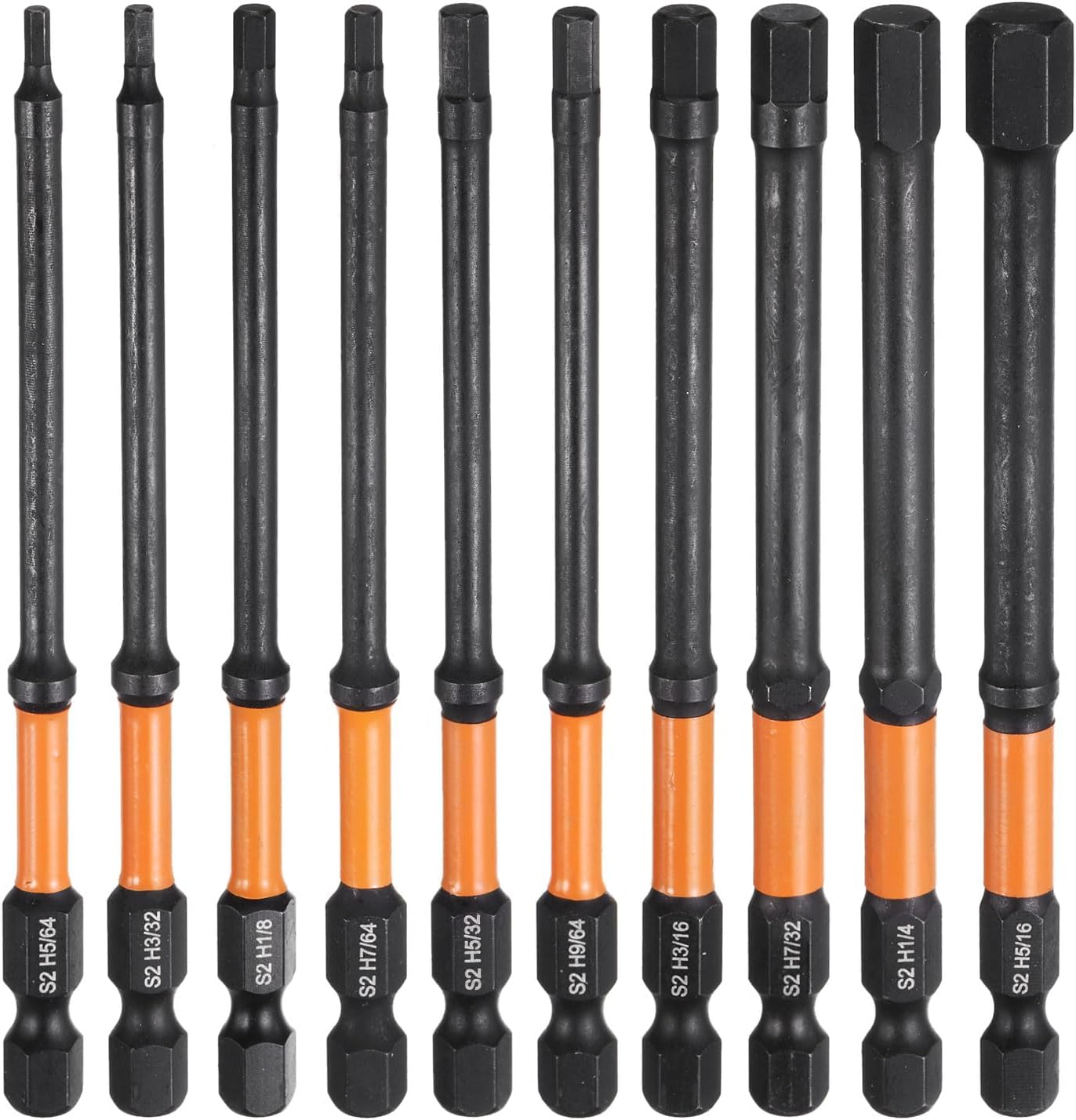 HARFINGTON 10pcs H5/64+H3/32+H7/64+H1/8+H9/64+H5/32+H3/16+H7/32+H1/4+H5/16 Hex Head Drill Bit Wrench Kit Flat Tip 1/4" Hex Shank 50mm (2") Long Magnetic Hexagonal Screw Driver Socket