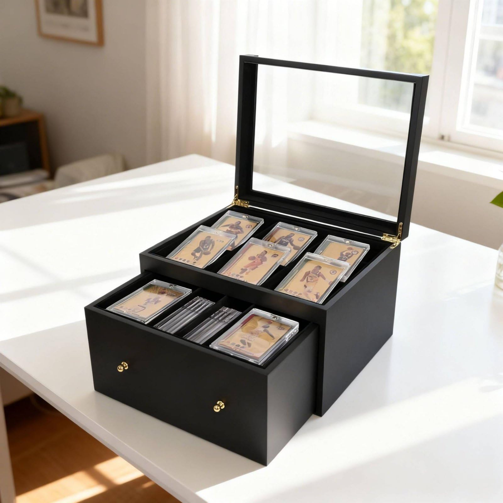 harayaa Vitrina para Cartas Caja Expositora Estuche Organizador de Madera Maciza con Tapa de Vidrio y Interior Acolchado Doble Compartimento y Cajón, Negro