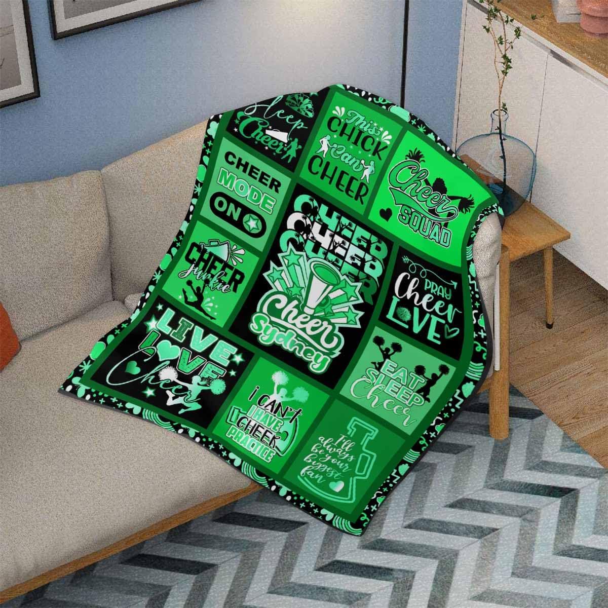 Cheer Personalized Blankets for Kids Adult, Custom Super Soft Fleece Blanket with Name Green Cheerleader Throws Blankets with Text for Men Women Wedding Gifts 40 x 50 inch