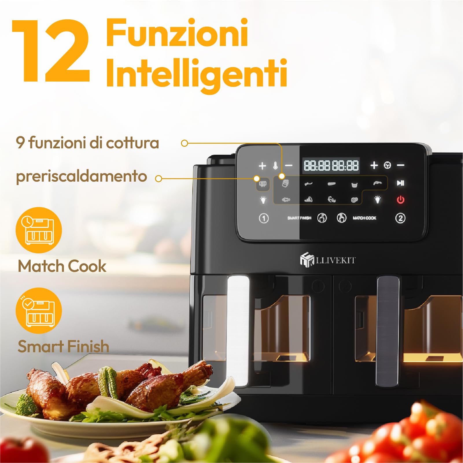 LLIVEKIT Friggitrice ad Aria a 2 Cestelli, Air Fryer da 9L, Friggitrice senza Olio con Display LED, Finestre Visibili, 10 Funzioni, Cottura e Finitura Sincronizzate, da 50-200oC, 2400W, Nero