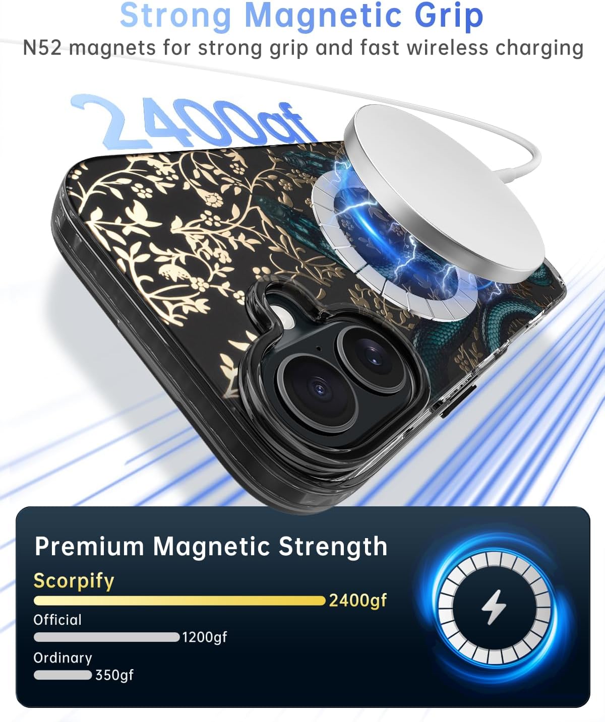 SCORPIFY for iPhone 16 Plus Case [Compatible with MagSafe] with Matte Black Double Snake Design, Cute Magnetic Phone Cover for Women Girls and Men, Slim Shockproof Bumper with Gold Accents