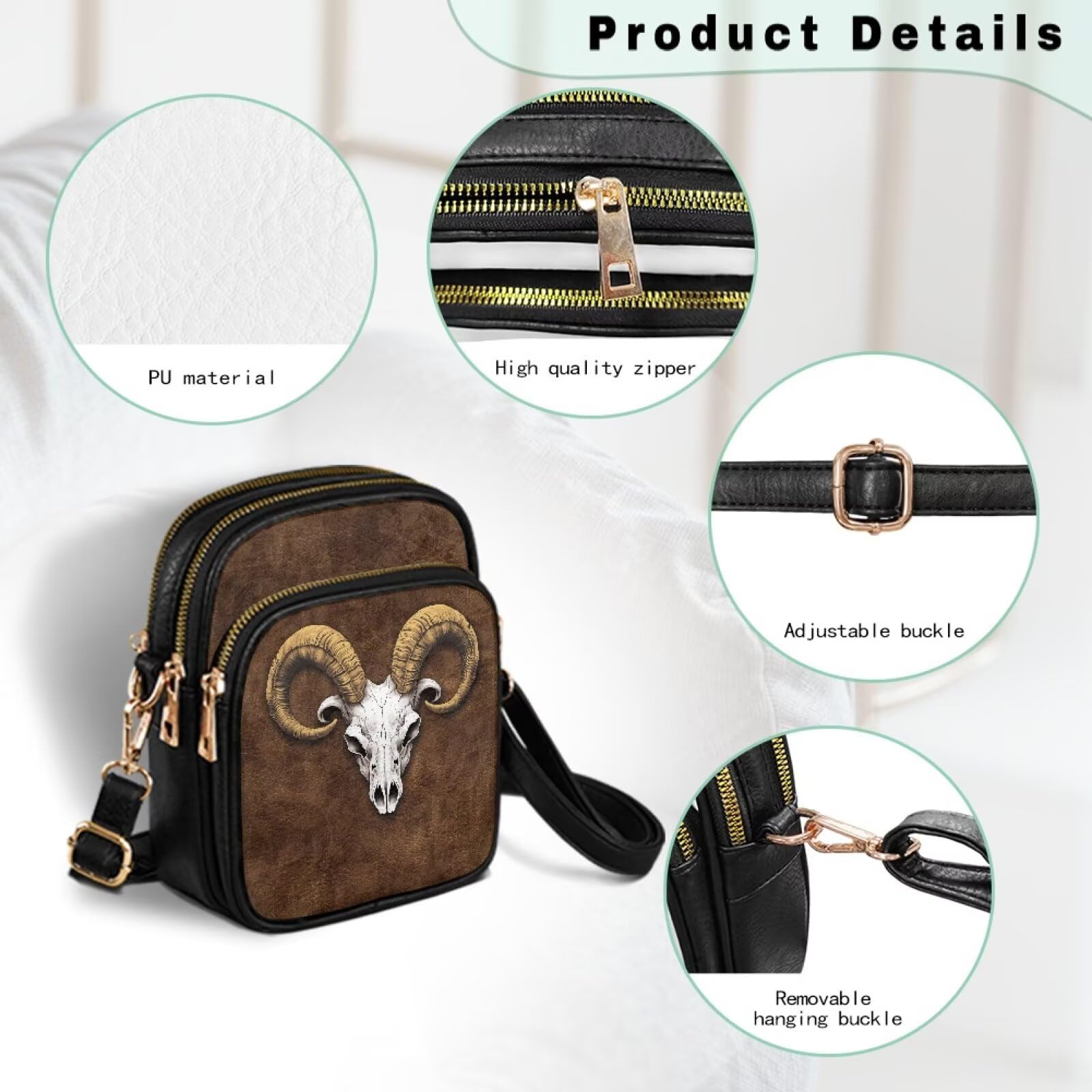 Ram Skull Crossbody torby na ramię dla kobiet małe stylowe torby na telefon komórkowy trójwarstwowa torba crossbody brązowa torebka na ramię z regulowanym paskiem do podróży