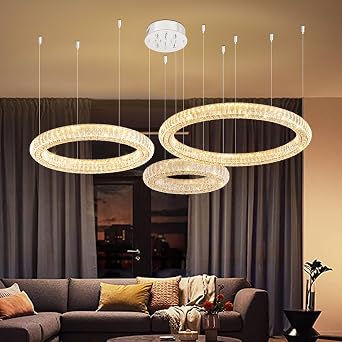 Modern LED 3 Ring Crystal Chandelier for Living Room Dining Room Adjustable Ring Hanging Lighting Kitchen Island, 32+24+16