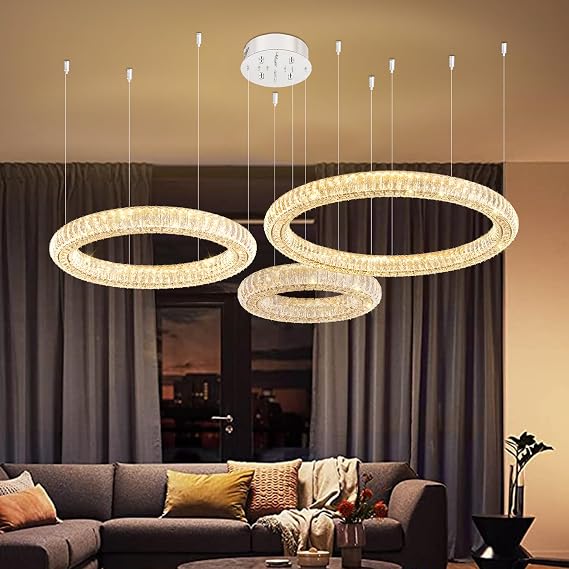 Modern LED 3 Ring Crystal Chandelier for Living Room Dining Room Adjustable Ring Hanging Lighting Kitchen Island, 32+24+16