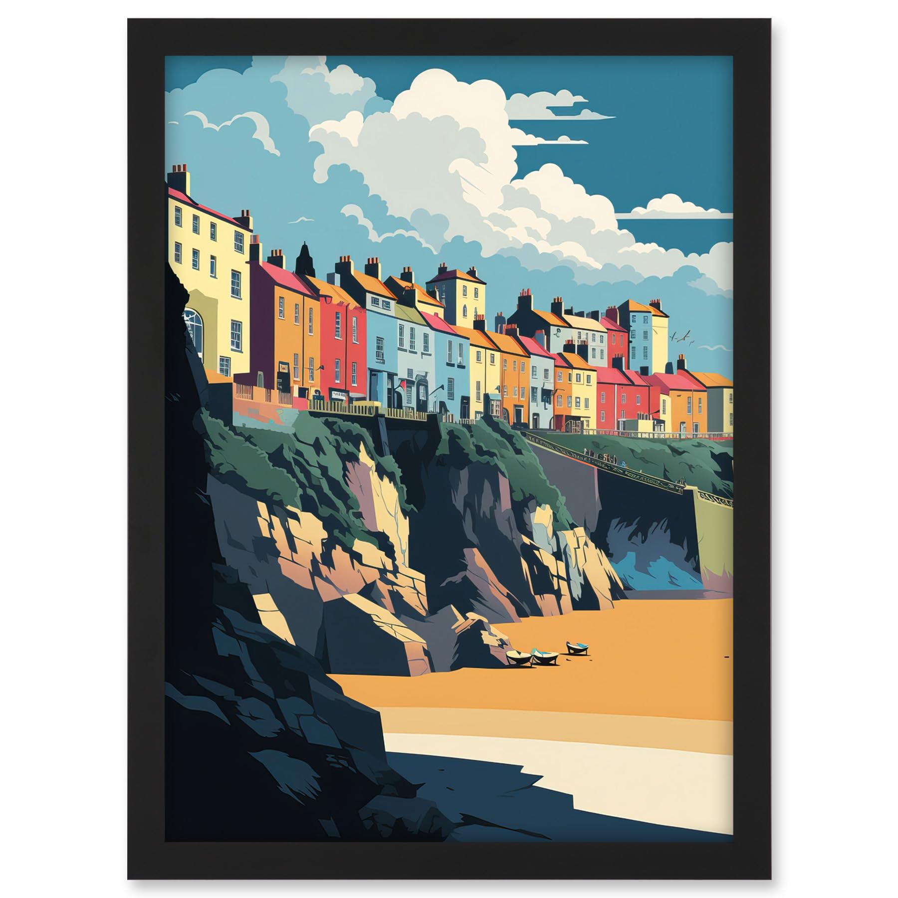Artery8 Tenby Harbour Beach Coastal Town Illustration Artwork Framed A3 Wall Art Print