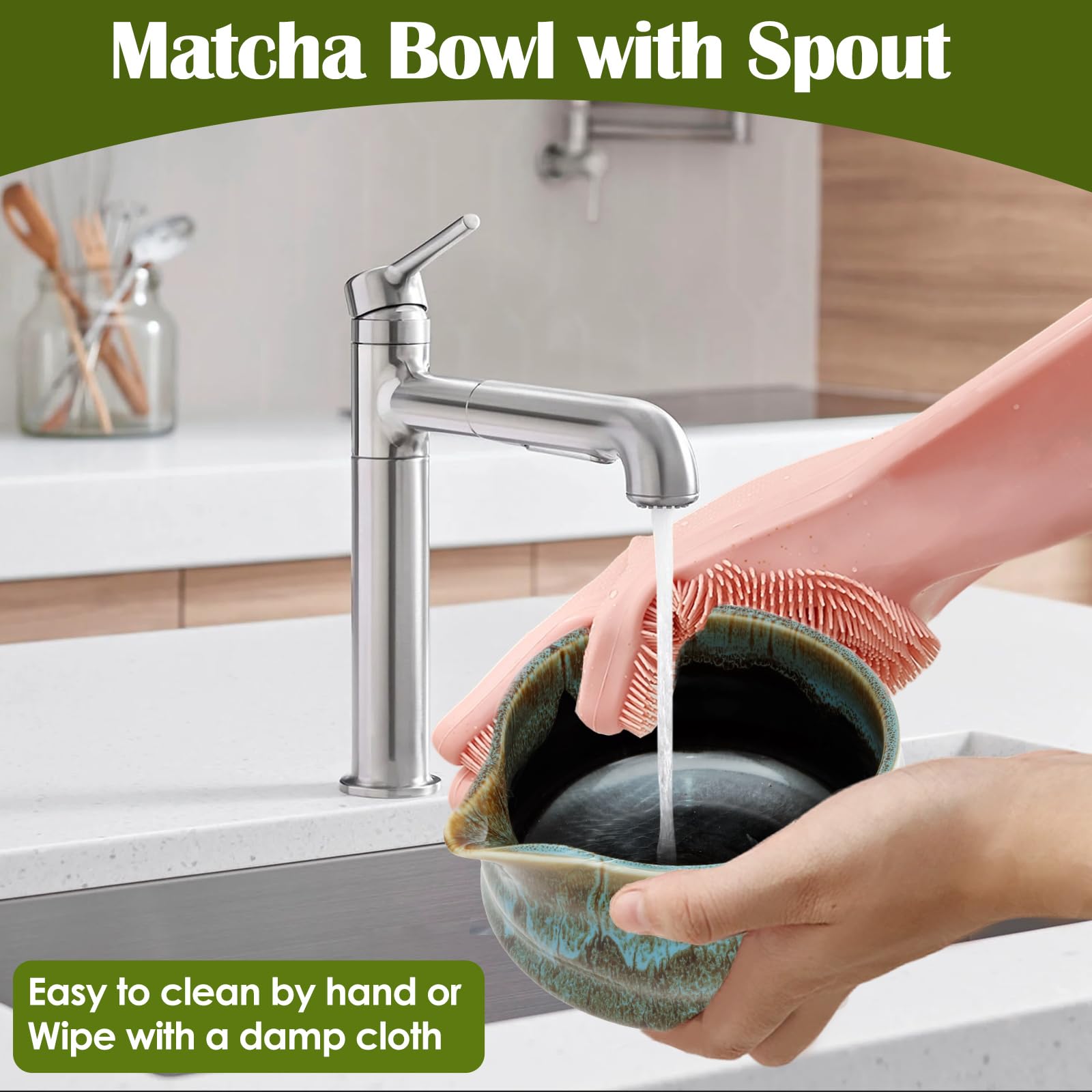 Lot de 5 accessoires à matcha avec pelle, mélangeur et support, bol à matcha en céramique, pour la préparation du matcha, bleu