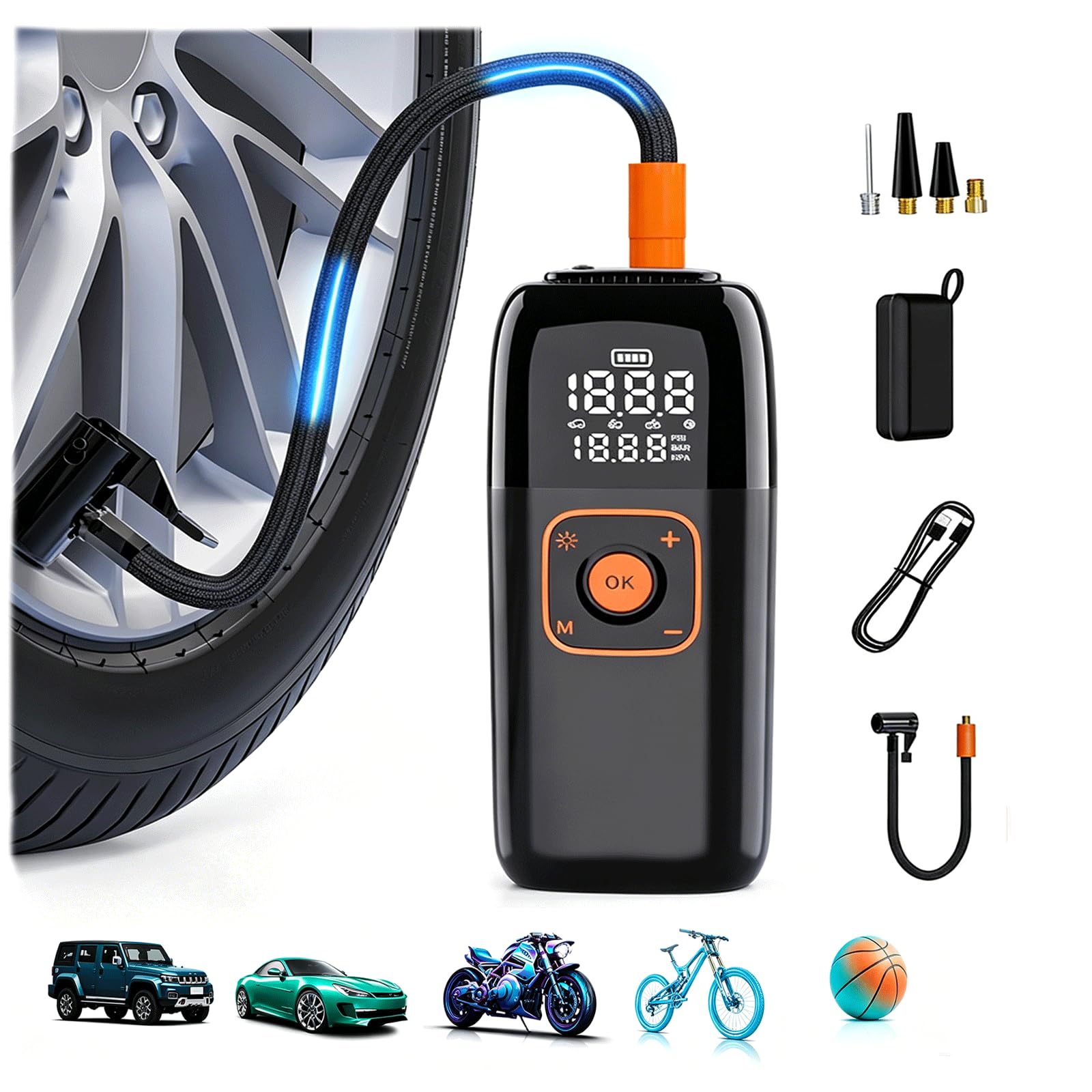 Cordless Tyre Inflator Portable Air Compressor, 6000mAh Battery Powered 150 PSI Car Tyre Pump with Digital Gauge, Preset & Auto Shutoff, USB Rechargeable Inflator for Car, Motorcycle, Bike, Ball