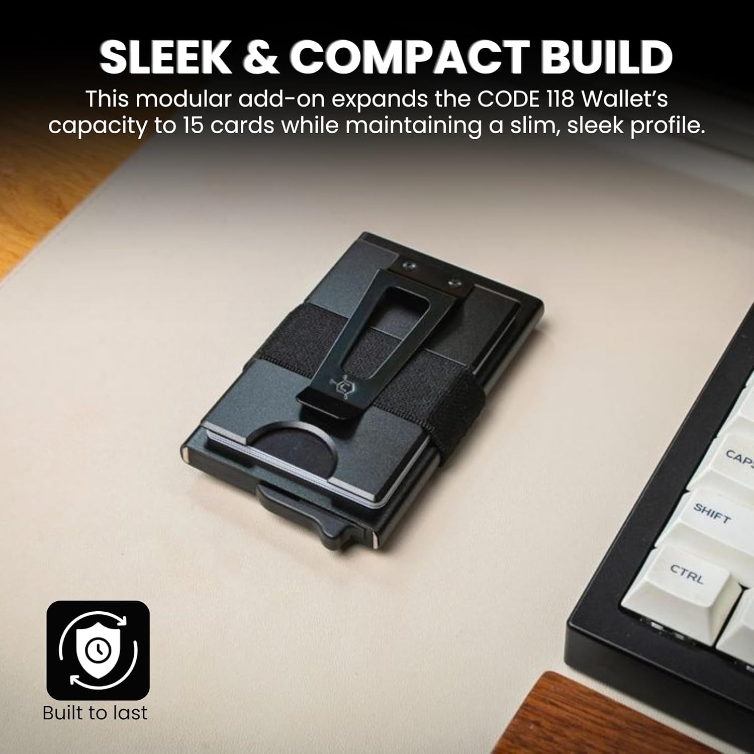 Code 118 Modular Backplate Cash Clip | Slim Minimalist Money Clip for Men | RFID Blocking Aluminum Modular Add-On Wallet Accessory Expands Storage for Card & Cash, Wallet not Included (Black Aluminum)
