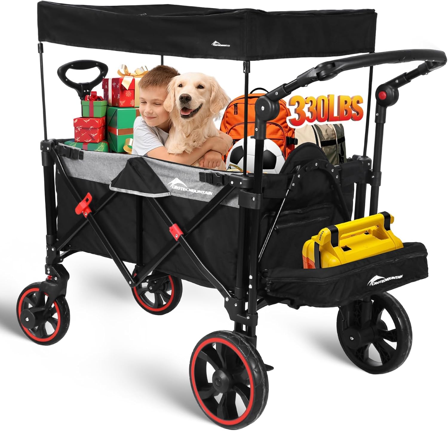 عربة مظلة قابلة للطي، عربة عربة قابلة للطي مع 330 رطل، عربة للخدمة الشاقة مع عجلات ممتصة للصدمات، مقابض سحب قابلة للتعديل للتخييم، حديقة، رياضة، تسوق، أسود