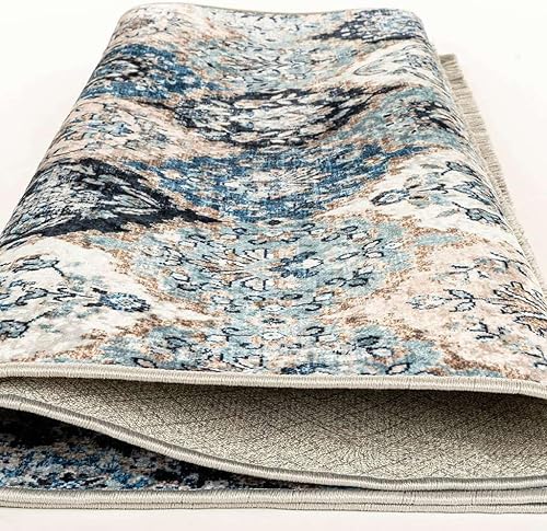 Miniatura 6 de Alfombra de área de 5 x 7, alfombra ultra fina, bohemia, azul y crema, antideslizante, lavable a máquina