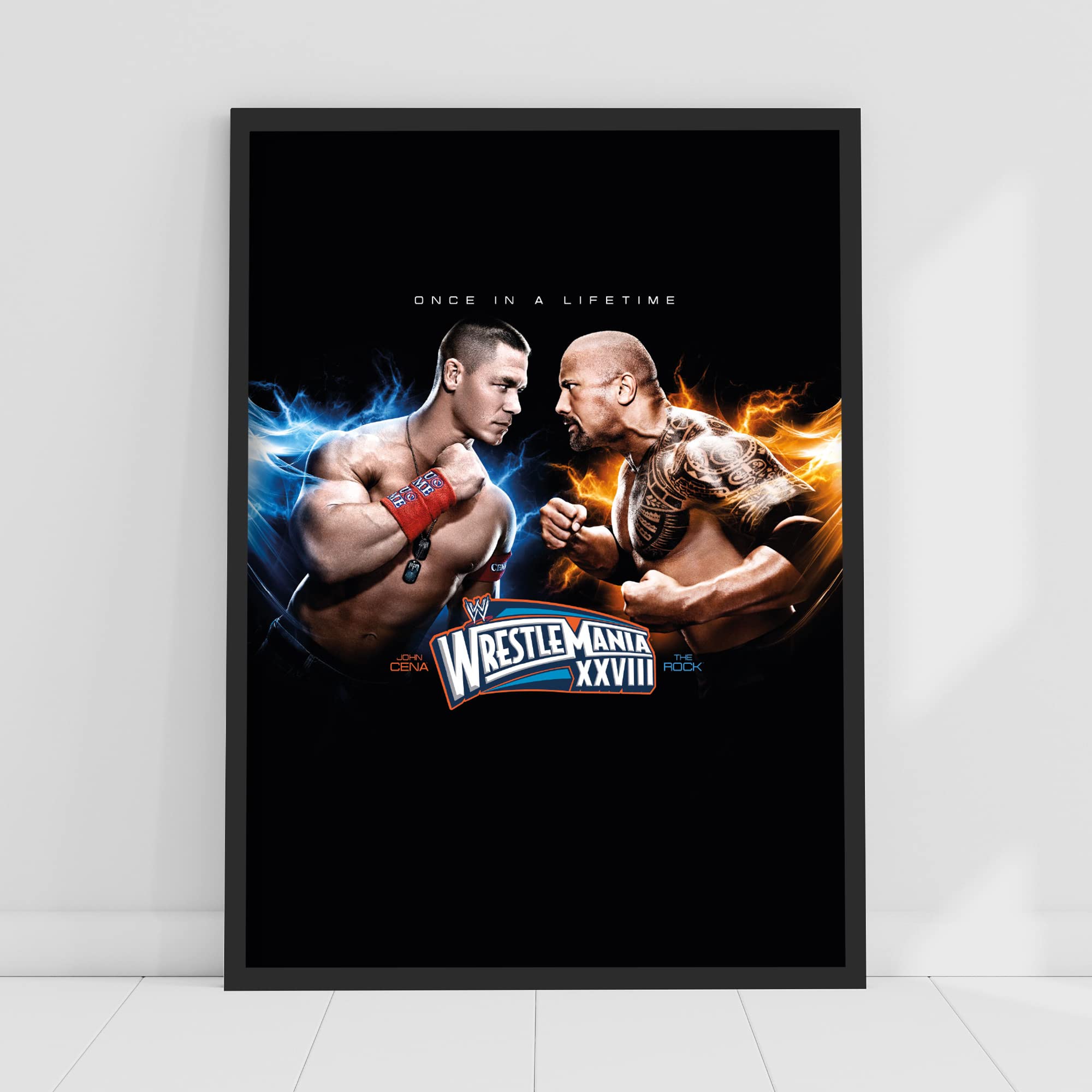 Themed Black Wwe Print - John Cena The Rock Once In A Lifetime Flames Graphic Poster Wrestling Wall Art (A2-42Cm X 59.4Cm)