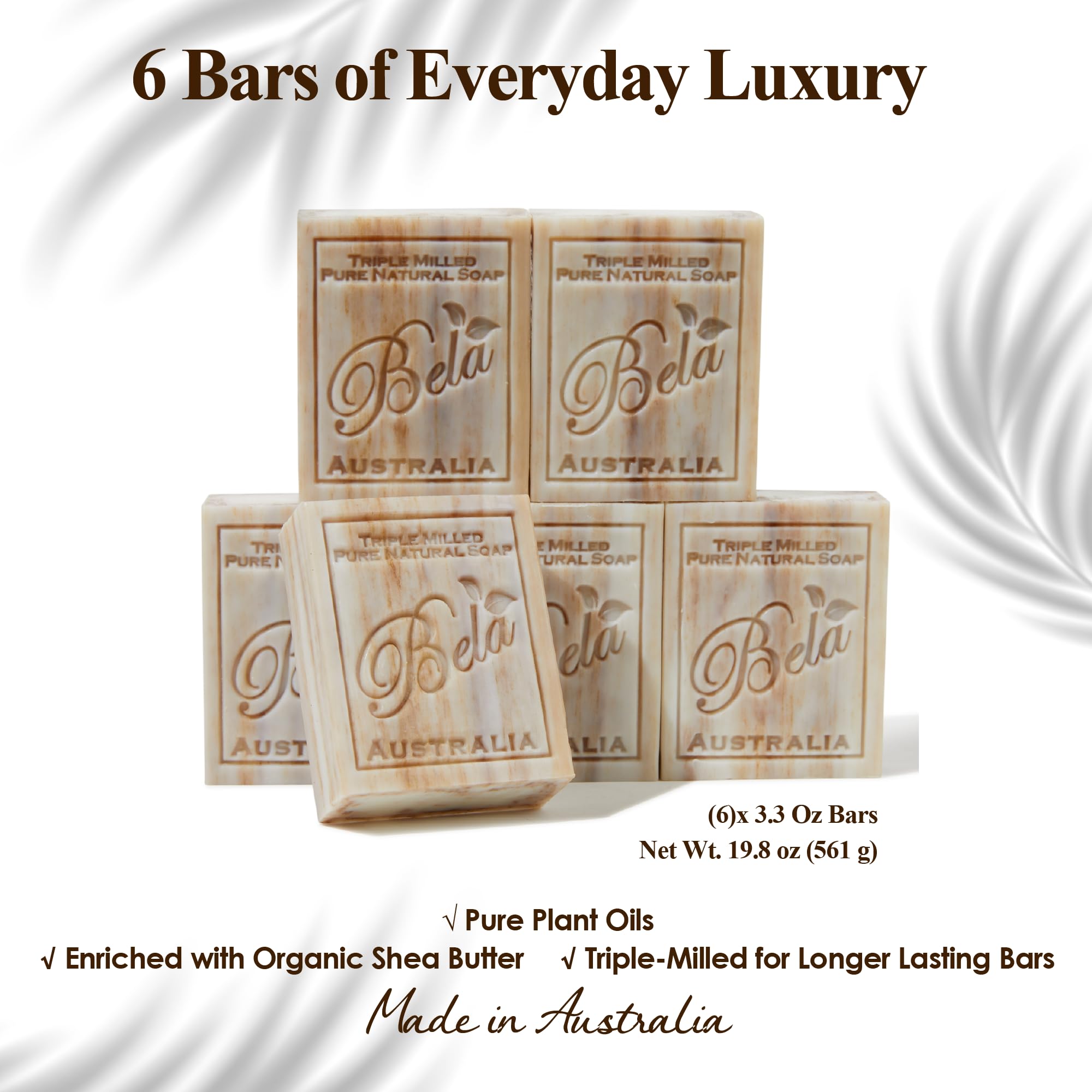 Bela - Barras de jabón natural fresado francés – Fabricado en Australia – 6 (3.5 onzas cada una)