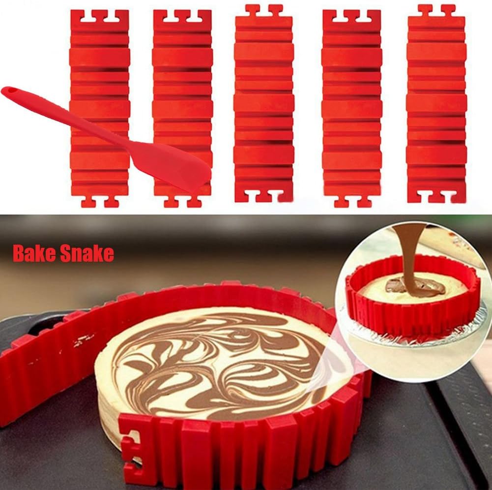 Cake Mold Magic Bake Snake By Abo - Design a Baking Mold in Any Shape You Want! Nonstick Flexible Reusable Easy to Use. That Can Replace All Your Cake Pans. Set of 5 Pieces and Small Butter Scraper.
