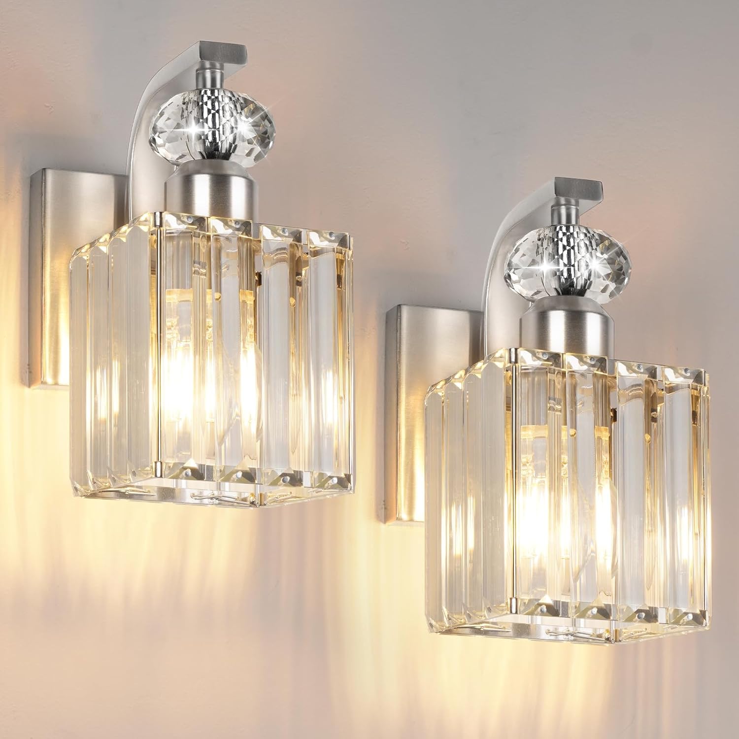 Wall Sconces Set of 2, Nickel Wall Sconce with Crystal Lampshade, Modern Vanity Lights for Bathroom, Wall Lights for Living Room Bedroom, Includes 2 LED Bulbs