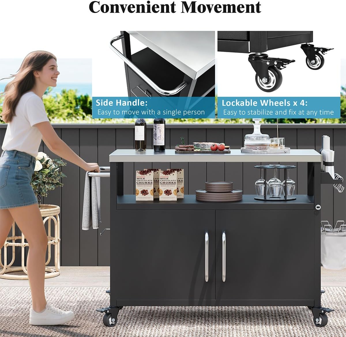 Outdoor Kitchen Island with Stainless Steel Top, Metal Grill Table with Storage, Rolling Storage Island, Kitchen Cart on Wheels, 54 Inch Width (Black)
