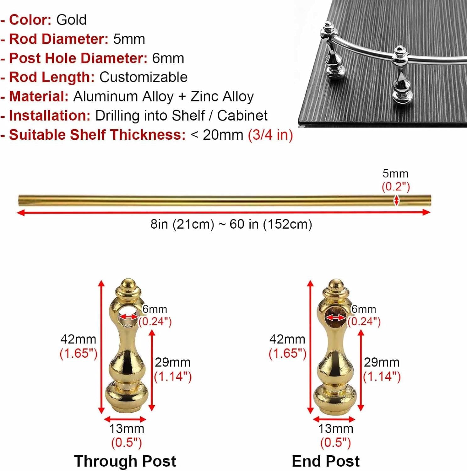 Binario per mensole Regolabile e Pieghevole, Lunghezza 8-60 Pollici, Binario in Metallo antiribaltamento con perni di Collegamento, ringhiera Decorativa anticaduta per mensole Curve in (35in/89cm)