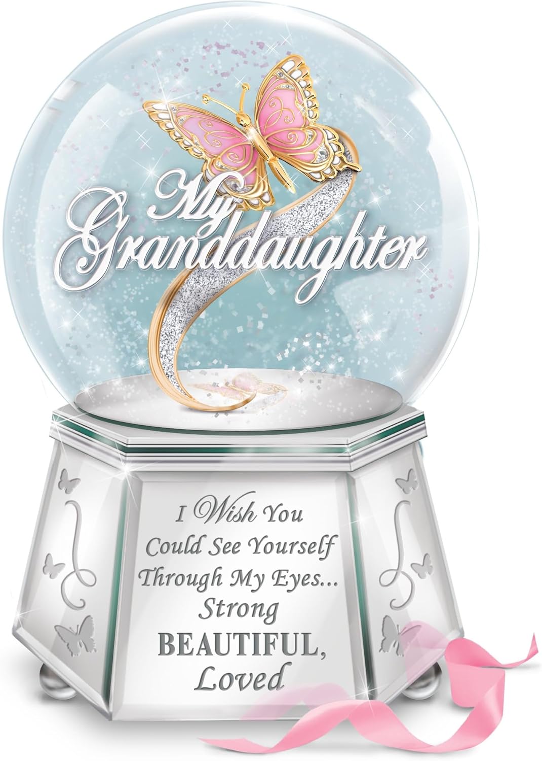 Granddaughter Musical Glitter Globe with Enameled Butterfly and Mirrored Base, Inspirational Snow-Globe Gift
