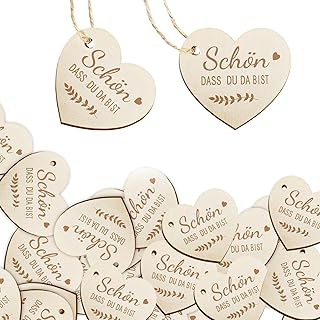 30 Stücke Holz Geschenkanhänger, Schön Dass Du Da Bist Anhänger, Holz Herz Geschenkanhänger Personalisiert, Tischdeko, Herz Anhänger Holz mit 5m Seil, für Hochzeit Taufe Geburtstag Party
