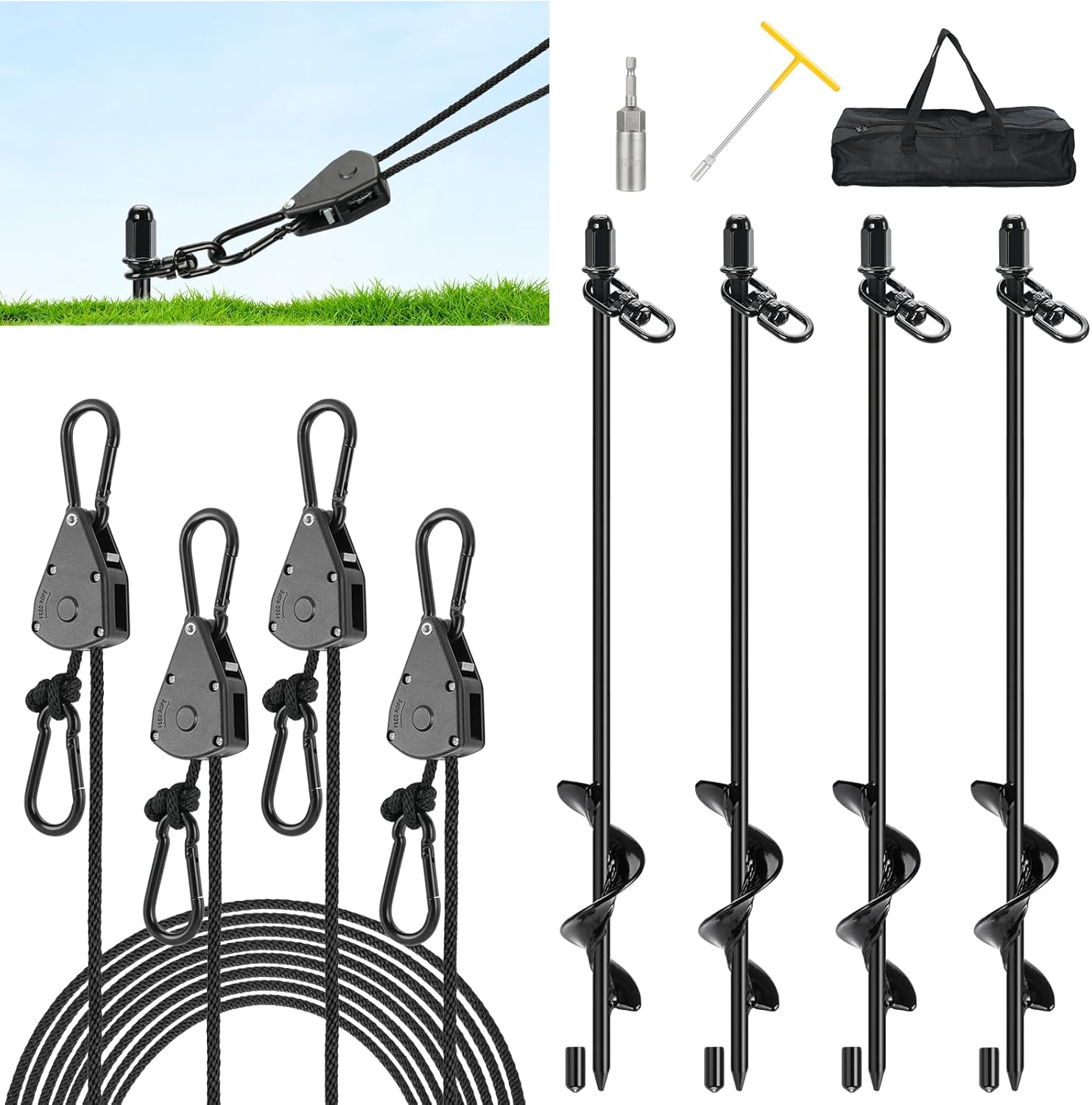 Tinnmao 4-Pack 17.7" Tent Stakes Heavy Duty, with 8" Ratchet Tie Down Straps (1/8" φ) Kit for High Wind, 8mm Solid Steel Spiral Ground Anchors Screw in for Tarp | Canopy | Sand Beach Camping Tent