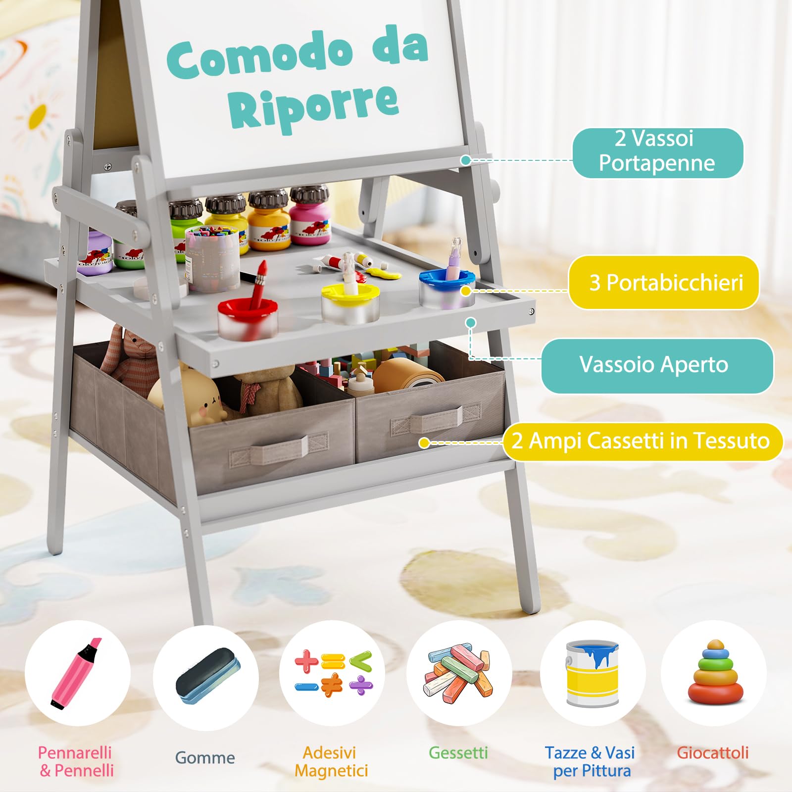 RELAX4LIFE 3 in 1 Lavagna per Bambini, Cavalletto con Doppia Faccia Magnetica e Lavagna Bianca, Rotolo di Carta, Scaffale Doppio e 2 Cesto in Tessuto Pieghevole, 3 Tazze, per 3+ Anni