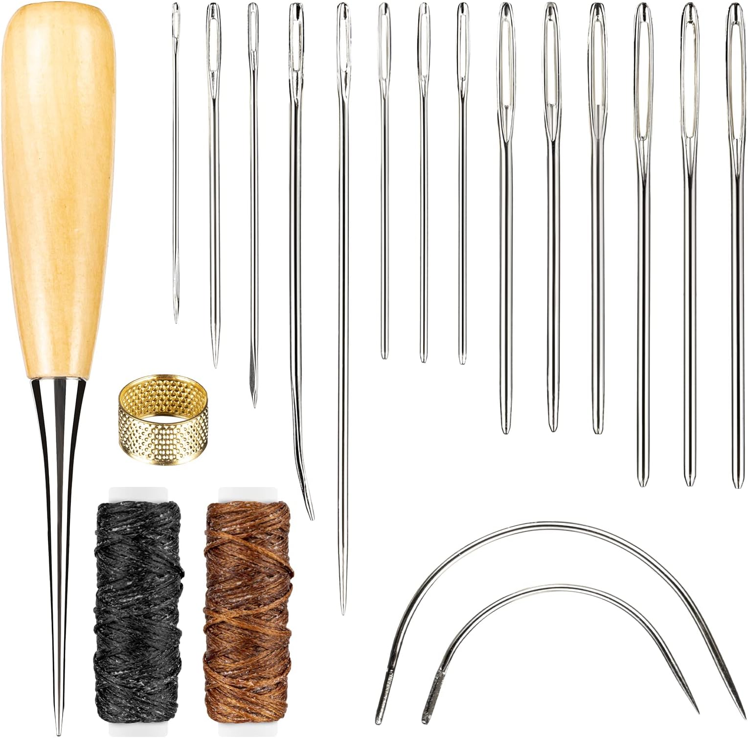 Realure Leather Sewing Kit Set 20 Pcs Leather Repair Kit for Sofas Carpet Repair Kit Darning Needles for Wool Shoe Repair Kit Leather Tools Awl Thimble Needle and Waxed Thread for Leather Repair