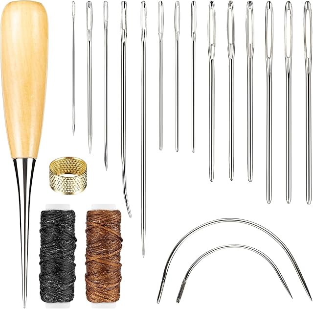 Realure 20 Pcs Sewing Leather Tools, 2 Sets Hand Sewing Needles, Craft Leather Sewing Kit with Waxed Thread Awl Thimble Leather Repair Kit for Sofas Carpet Shoes Seat Canvas DIY Upholstery Tools