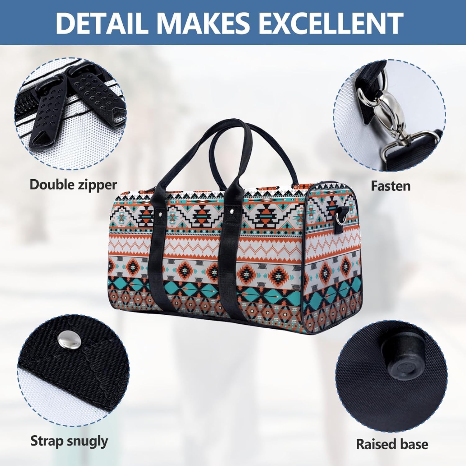 Travel Duffle Bag Large Capacity Personal Item with Adjustable Strap Lightweight Weekender Bag Overnight Bag Gym Bag Aztec Style Pattern