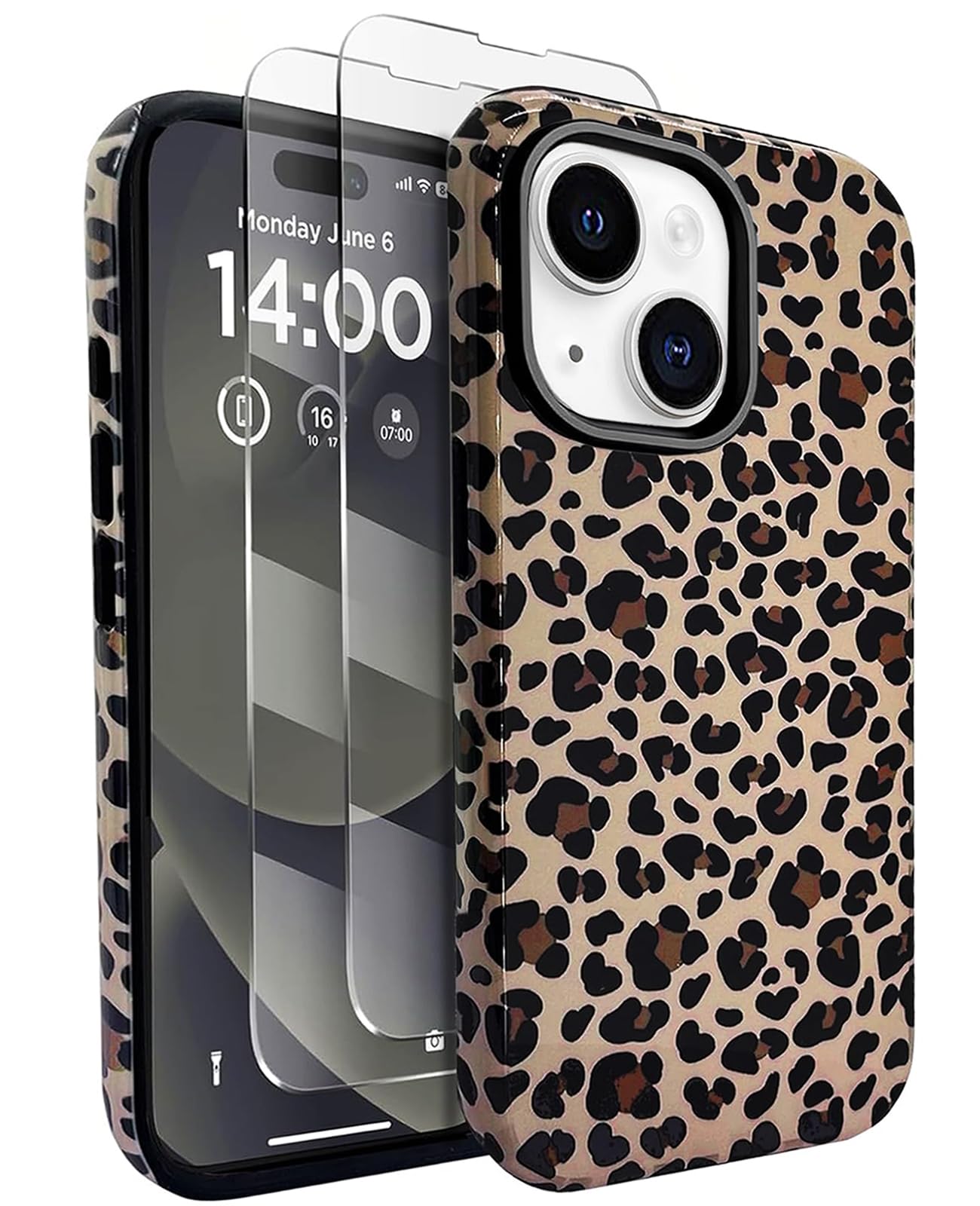 J.west Compatible with iPhone 15 Case 6.1 inch with 2 Pack Tempered Glass Screen Protectors Cute Animal Leopard Hybrid Cover for Girls Women Aesthetic