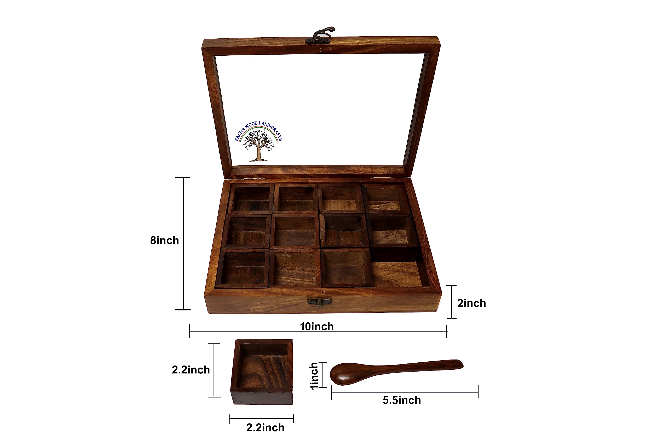 Fakhr Wood Handicrafts Wooden Spice Box for Kitchen Table Top Masala Box with Spoon Antique Lock, Multipurpose storage Box for Spices - 12 container