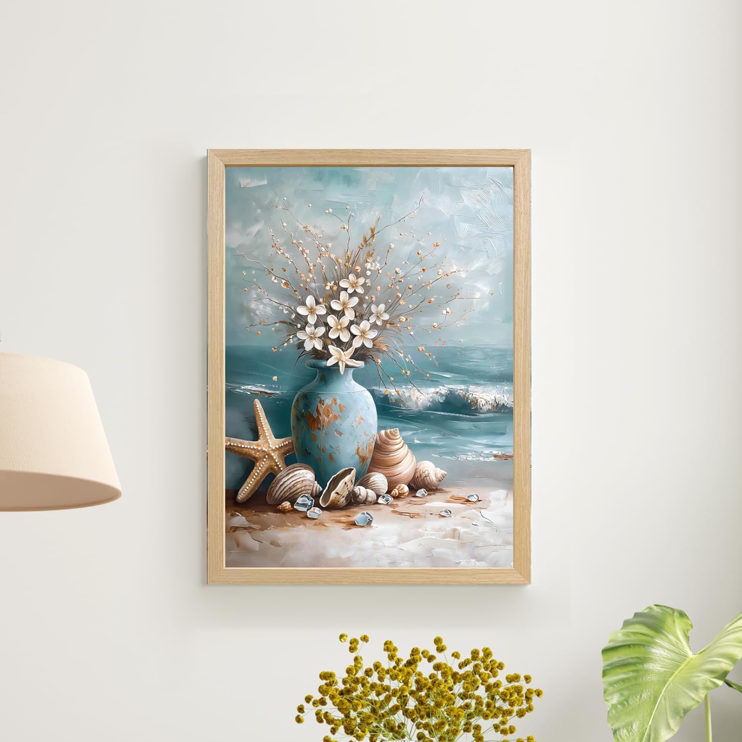 CGXY Beach Coastal Wall Art Starfish with White Flower in Vintage Vase on Teal Beach Wall Decor Blue Beach Picture Canvas Print for Bedroom Bathroom Modern Coastal Artwork Wood Framed 12"x16" 2 Pcs