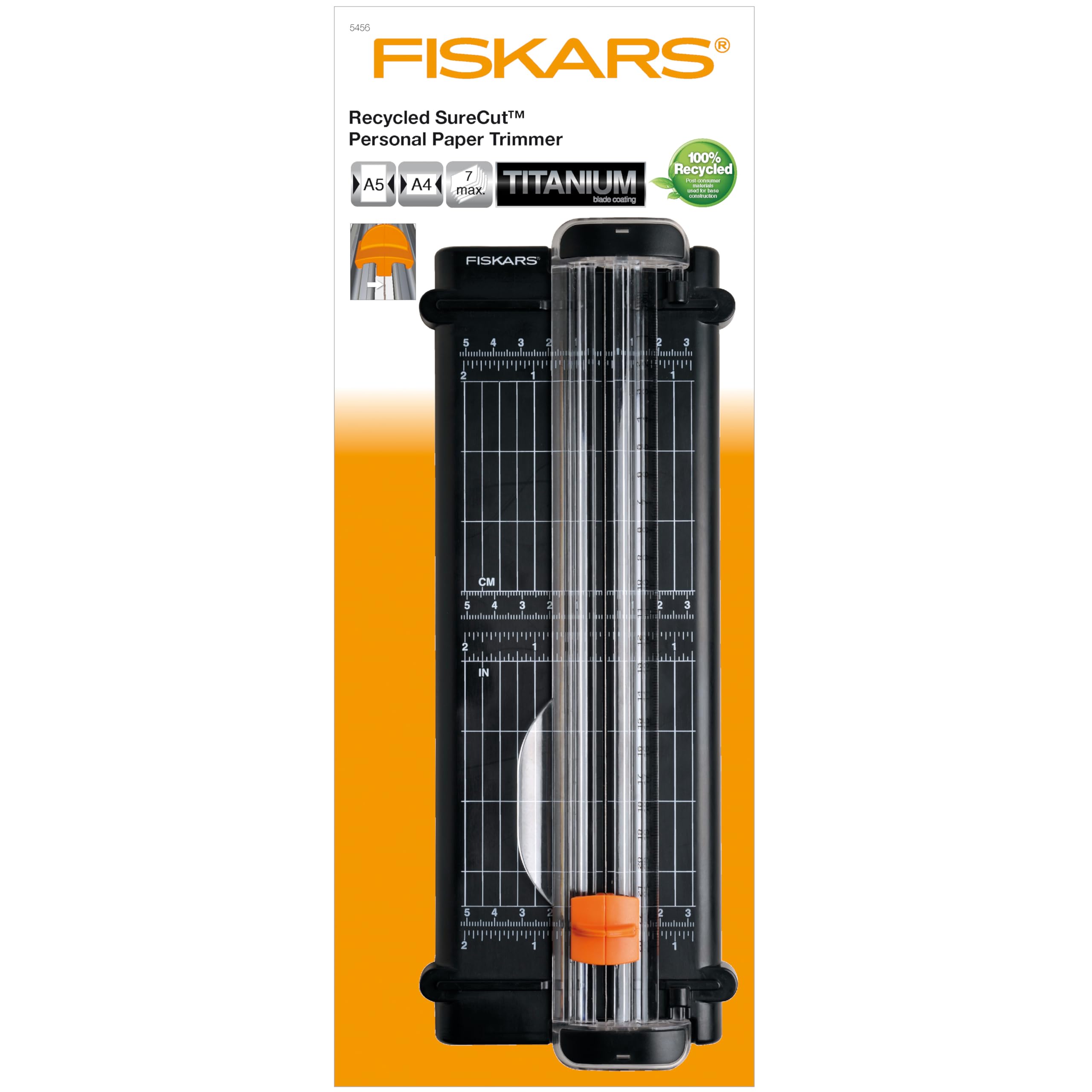 Fiskars Gerecycleerde rolsnijmachine, papiersnijder, met titanium, 45 mm, A4, zwart/oranje, 1004640