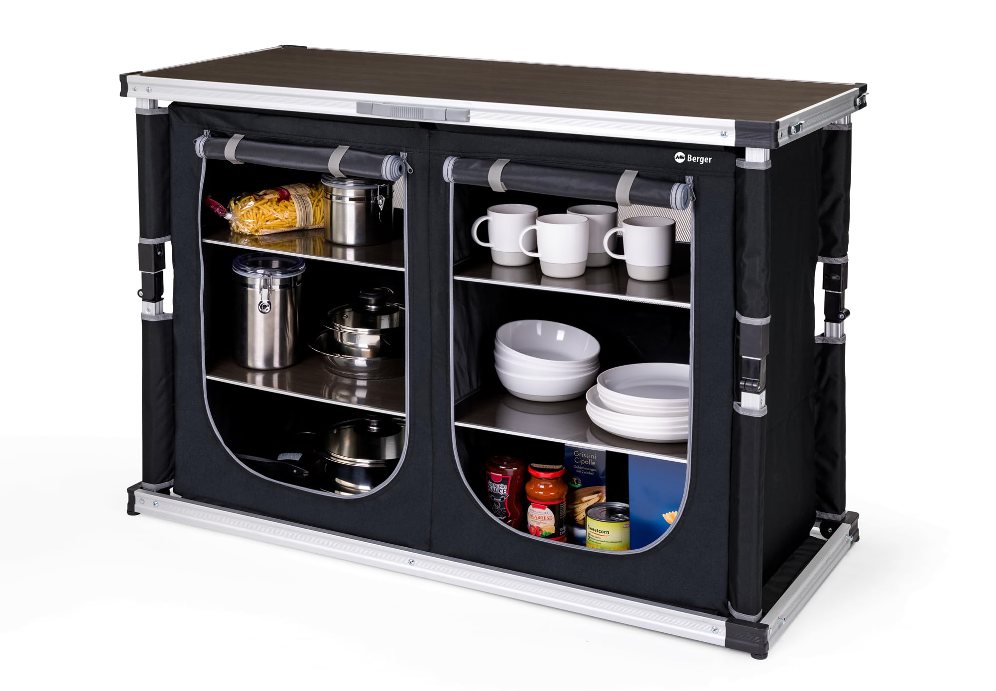 Berger - Armadio cucina Tampere L | Armadietto per cucina pieghevole con telaio in alluminio, 6 Scomparti, con piedi regolabili | Armadio da campeggio