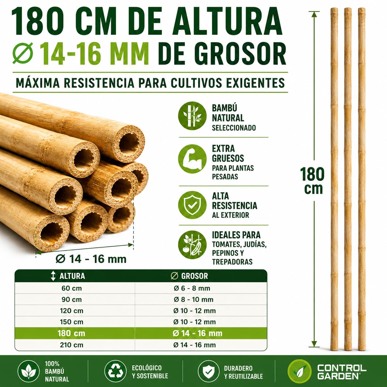 CONTROL GARDEN 90 Tutores de Bambu para Plantas 180 cm Grosor 14-16 cm | Cañas Estacas Natural para Tomateras, Enredaderas y Sujetar Cultivos | Varas Resistentes Huerto y Jardin