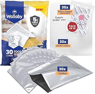 Wallaby 30 Count 1-Gallon Mylar Bags with 400cc Oxygen Absorbers, 10 Mil Total Thickness Long-Term Food Storage Pouches, 10x14 Heat-Sealable Airtight Packaging - Silver