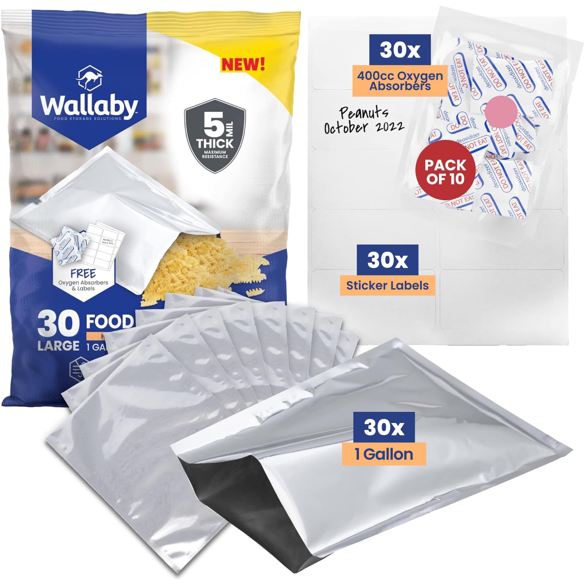 Wallaby 1-Gallon Mylar Bag Bundle - 30x Mylar Bags, 30x 400cc Oxygen Absorbers, 30x Labels - Heat Sealable, Food Safe, & Reliable Long Term-Food Storage Solutions - Silver Standard Silver 30 Pack