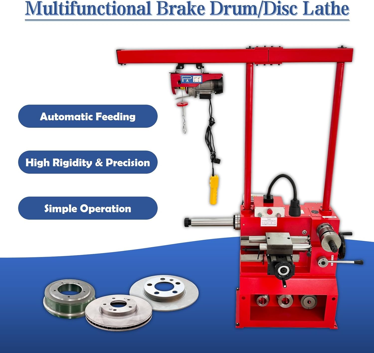 T8465 Disc/Drum Brake Lathe 30/52/85RPM with Electric Hoist for Medium and Large Car Grind Balancing Repair Drum Cutting 1100W 110V