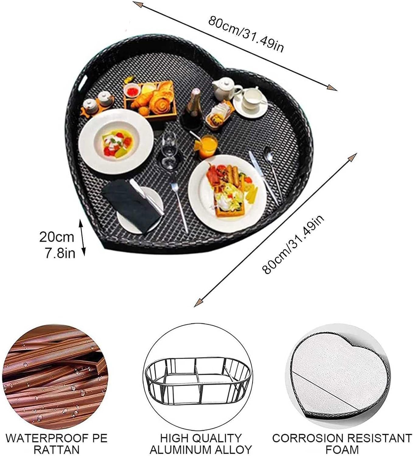 Floating Breakfast Tray with Handles Heart Shape Rattan Woven Serving Buffet Bar Salad Food & Drinks Tray for Party Picnic & Camping | Floating Tray for Pool